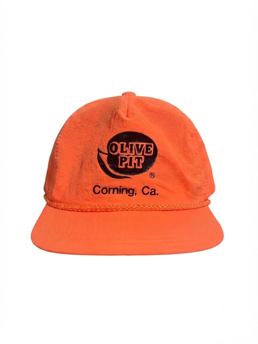 Vintage Olive Pit Corning CA Hat Cap Neon Orange Nylon Snapback Rope Trucker